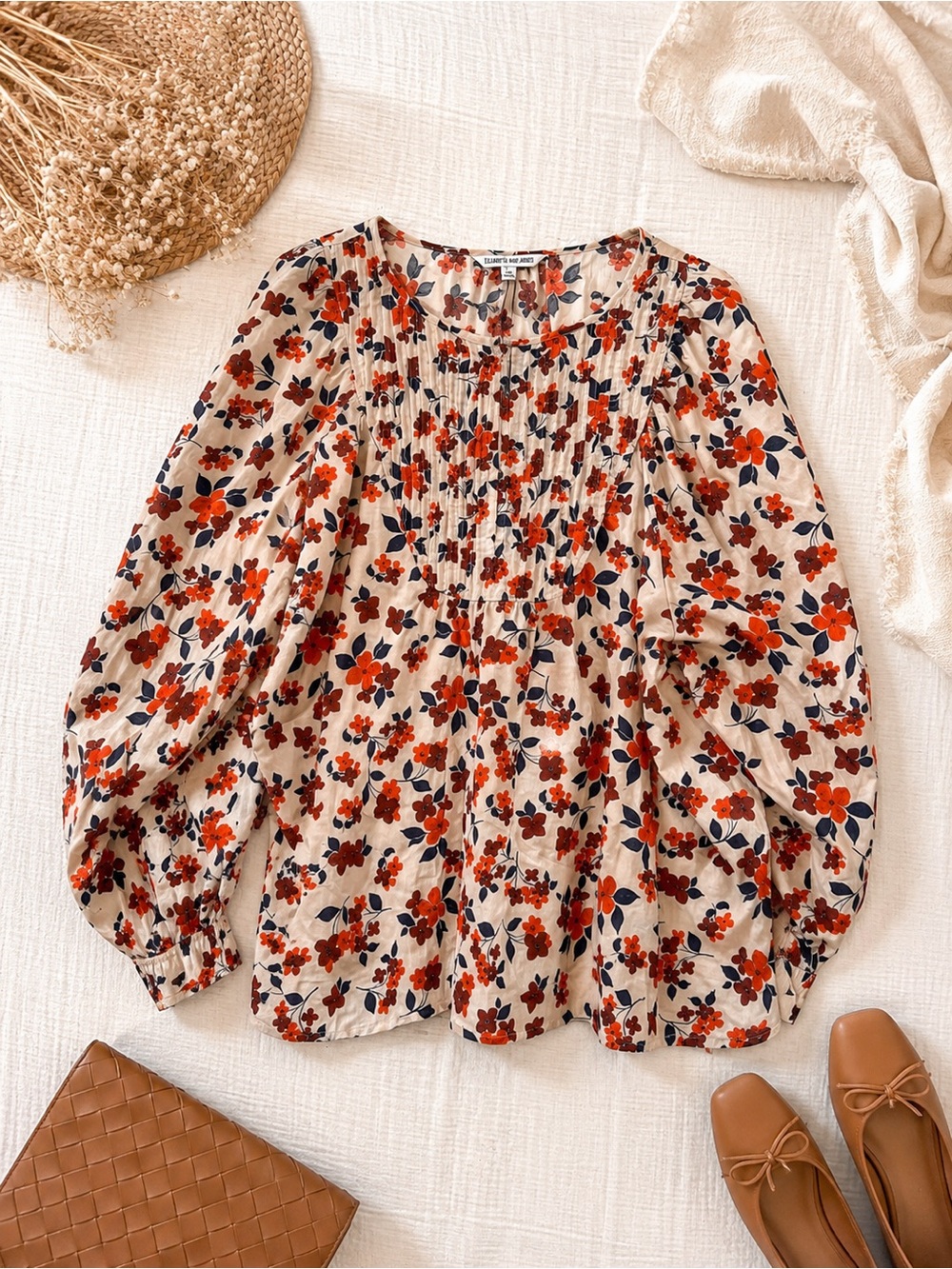 Floral Pintuck Peasant Blouse - Beige with Red & Navy Flowers